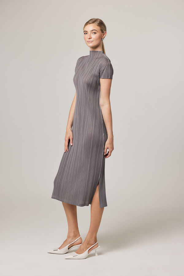 Brittny Plissé Satin Mock neck H Dress