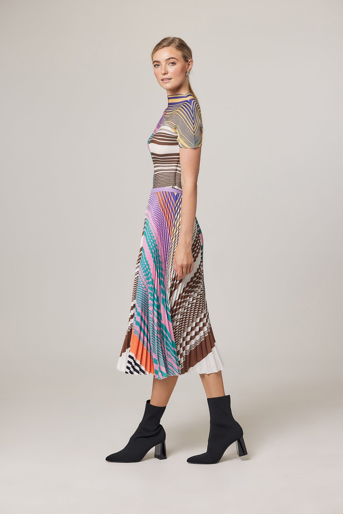 Nadia Stripe and Check Print Pleated Skirt