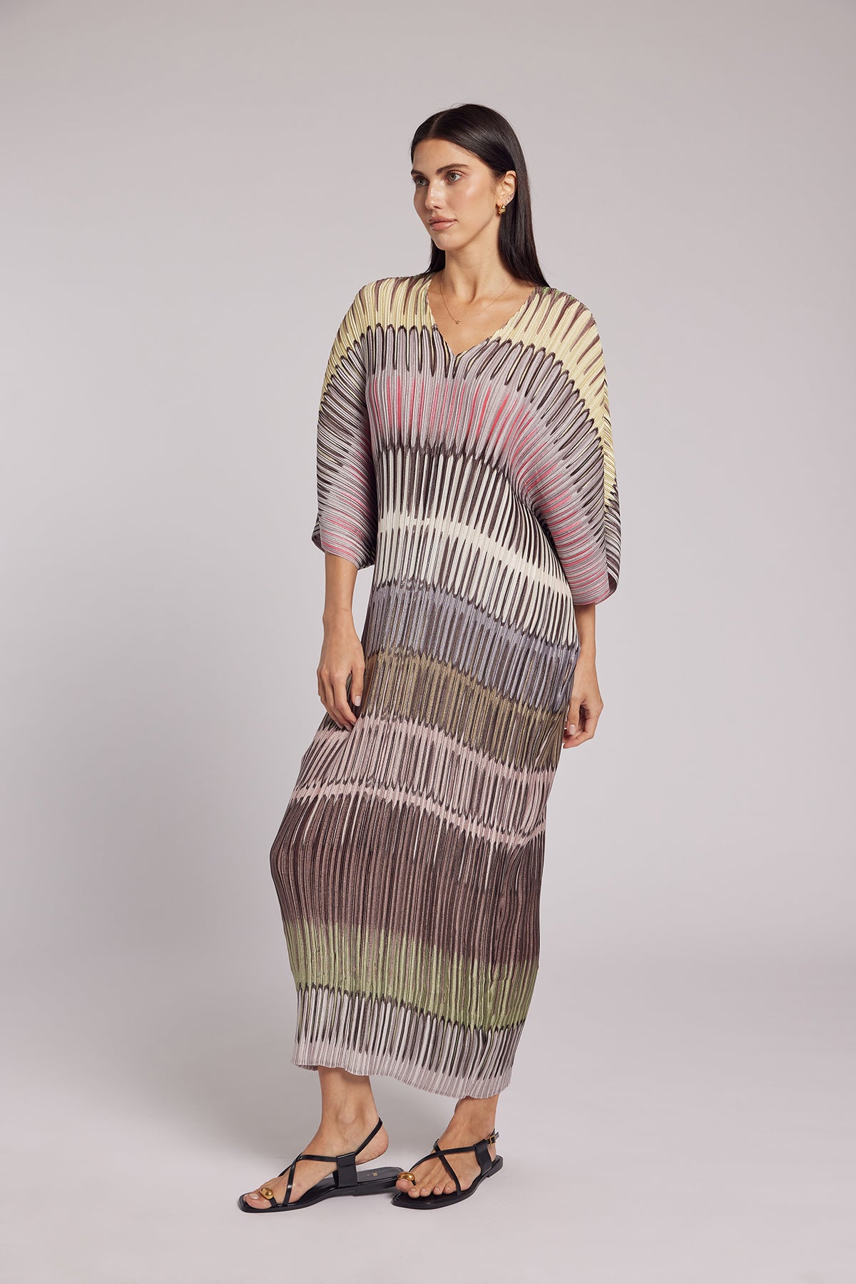 Savanna Painterly Stripes Plissé Kaftan Dress