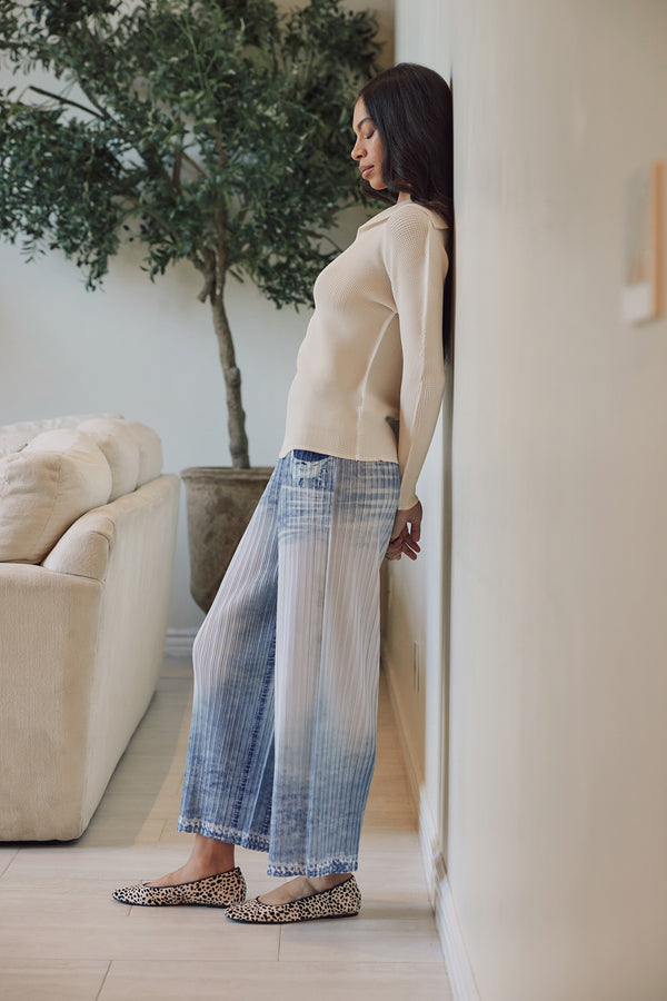 Lauren Denim Print Plissé Satin Pant