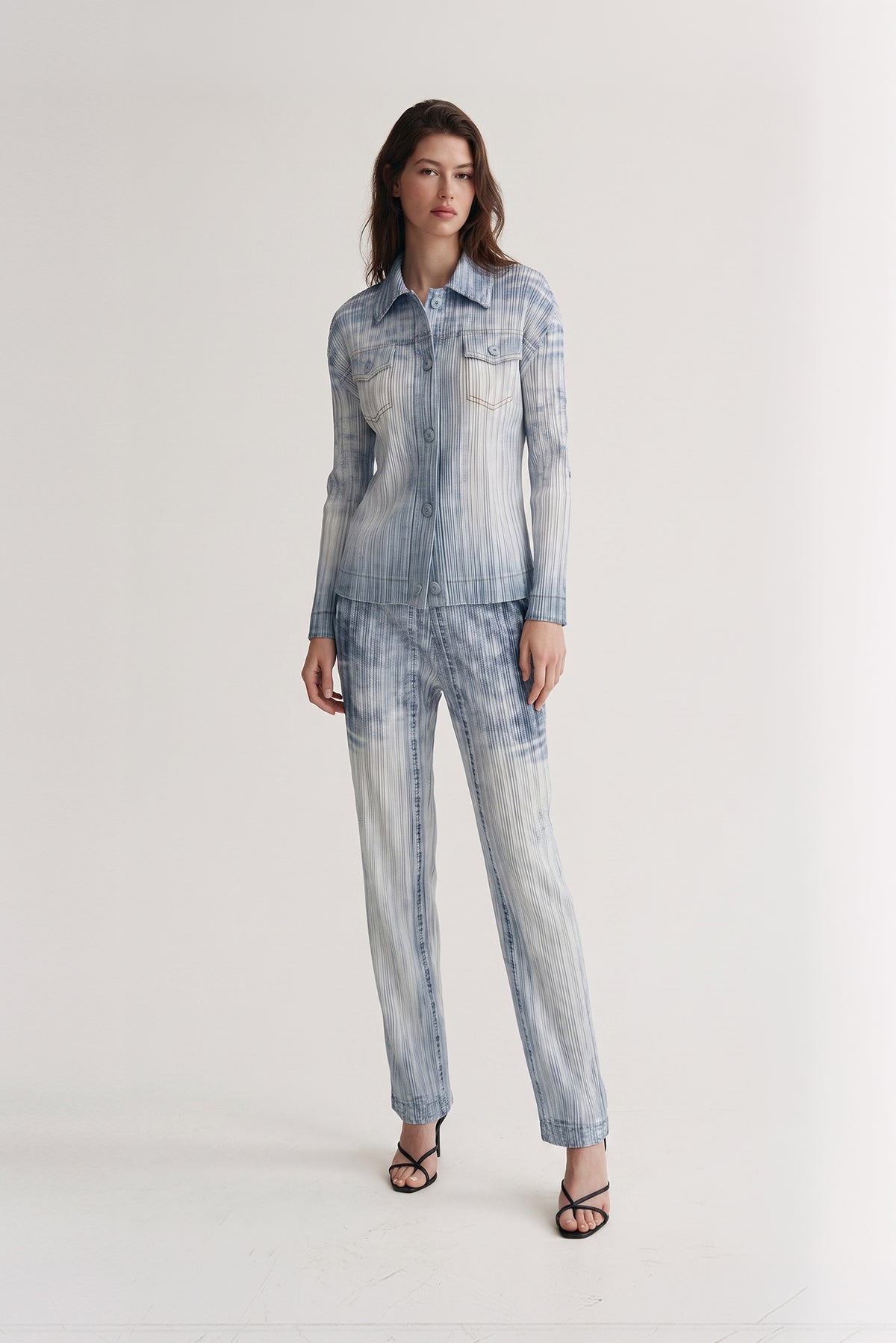 Lauren Denim Print Plissé Satin Blouse