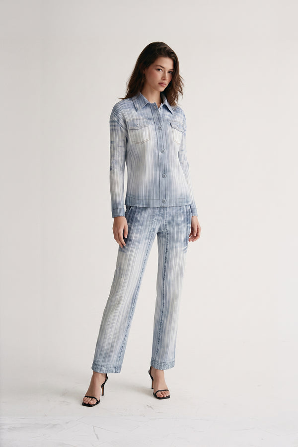 Lauren Denim Print Plissé Satin Blouse