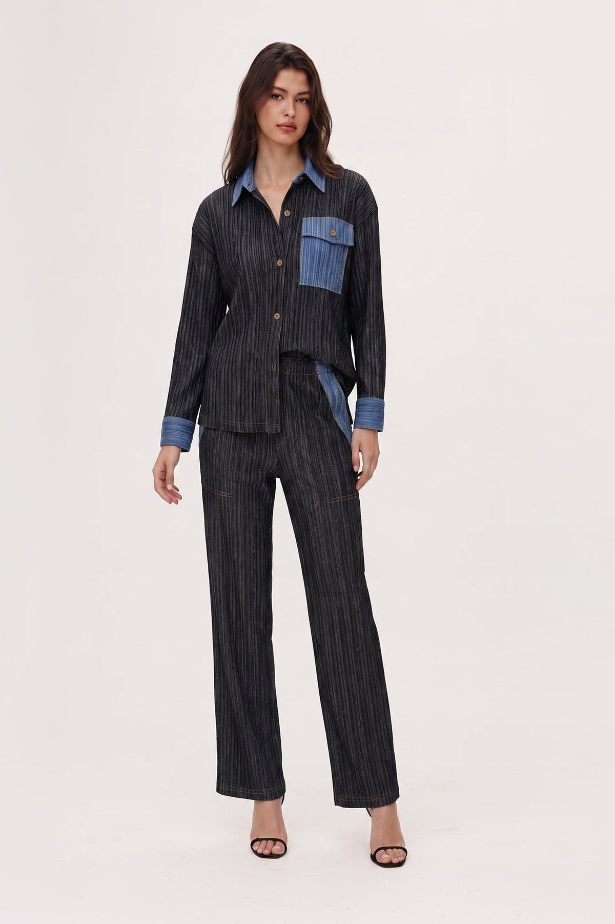 Camille Contrast Denim Pleated Shirt