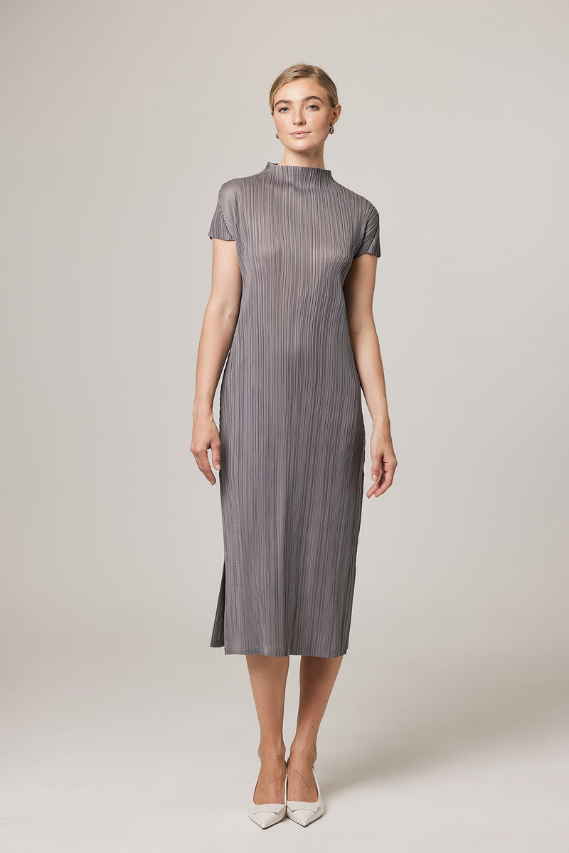 Brittny Plissé Satin Mock neck H Dress
