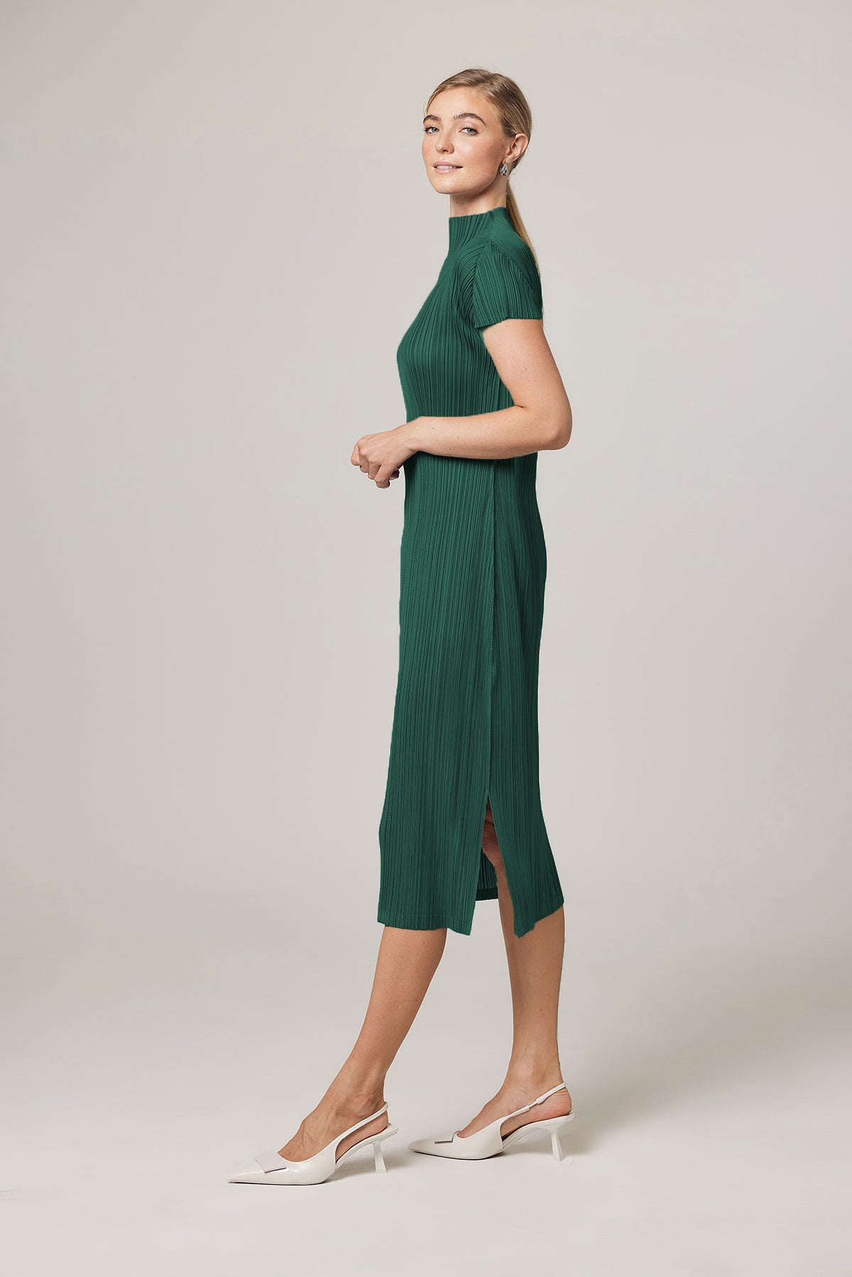 Brittny Plissé Satin Mock neck H Dress