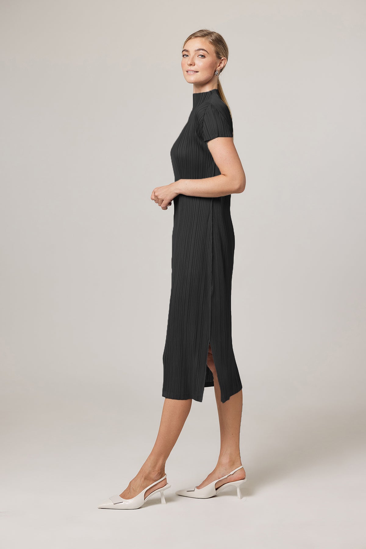 Brittny Plissé Satin Mock neck H Dress