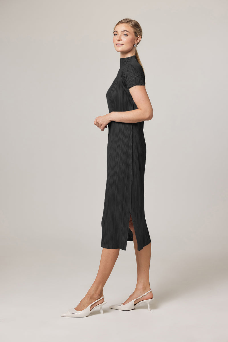Brittny Plissé Satin Mock neck H Dress