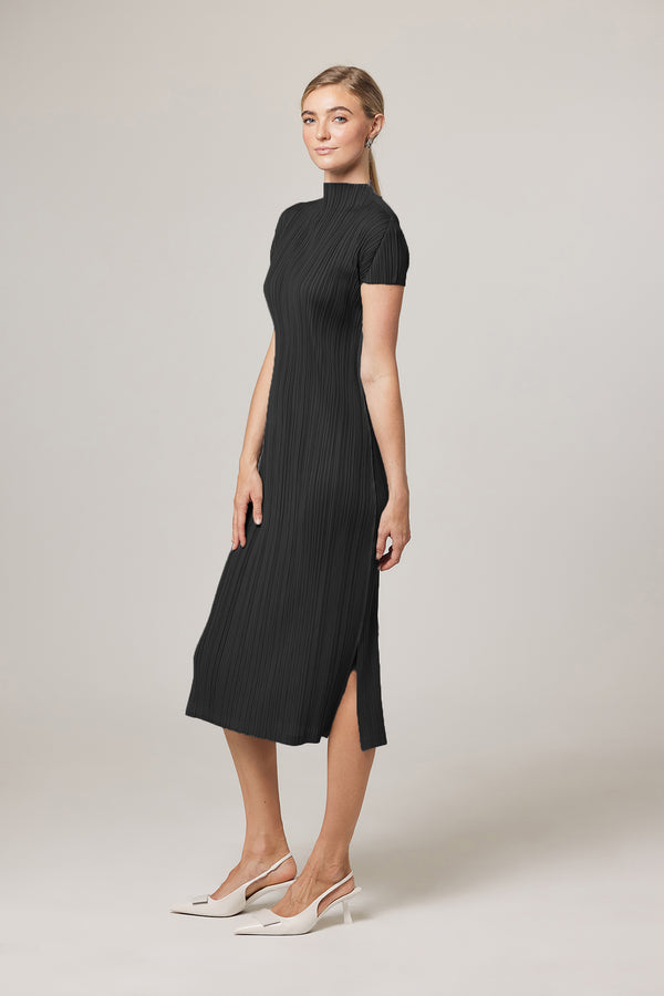 Brittny Plissé Satin Mock neck H Dress