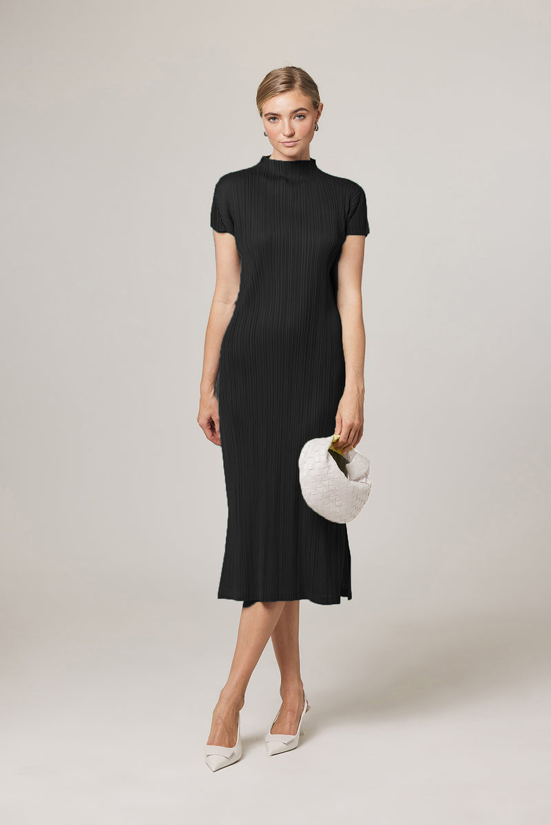 Brittny Plissé Satin Mock neck H Dress
