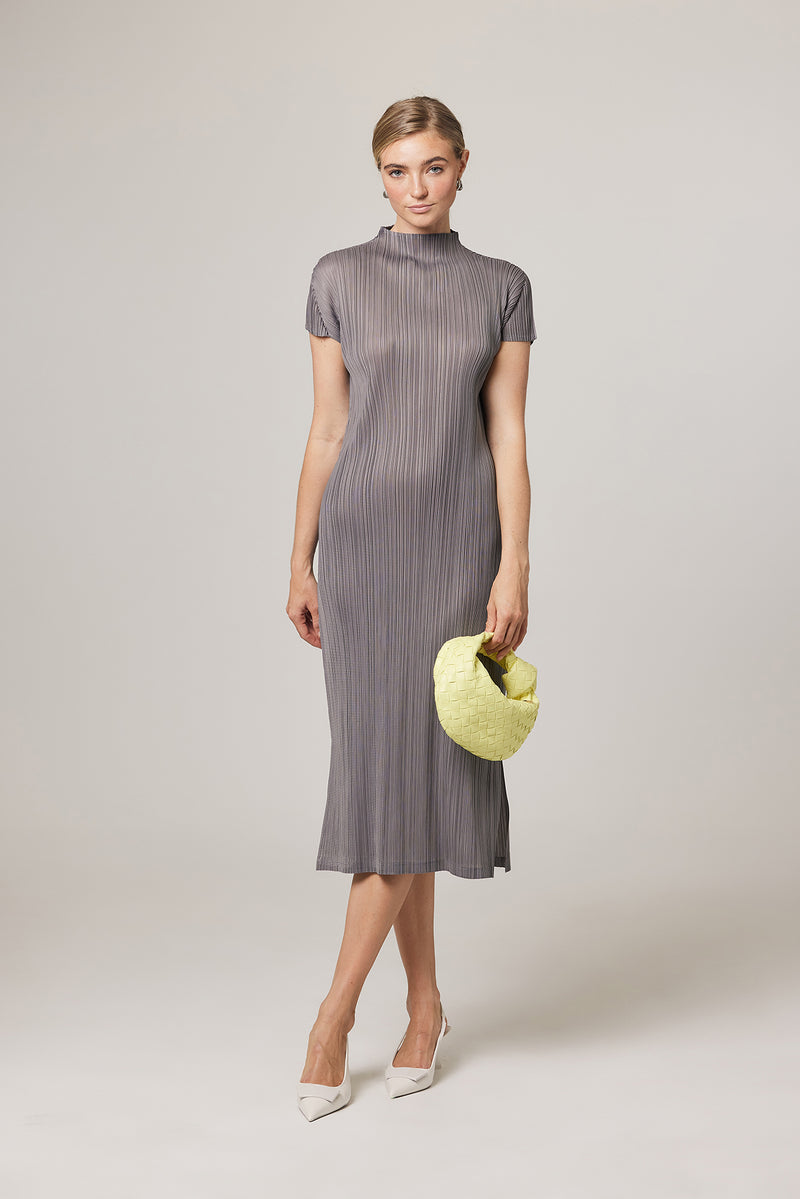 Brittny Plissé Satin Mock neck H Dress