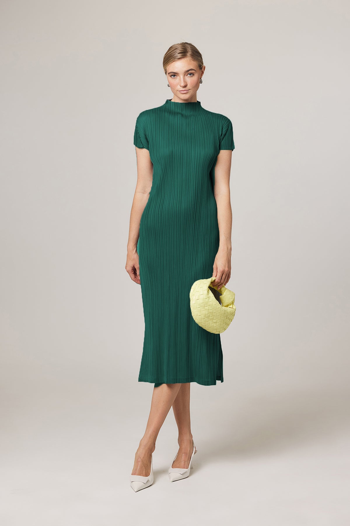 mock neck cocktail dress Brittny Plissé Satin Mock neck H Dress