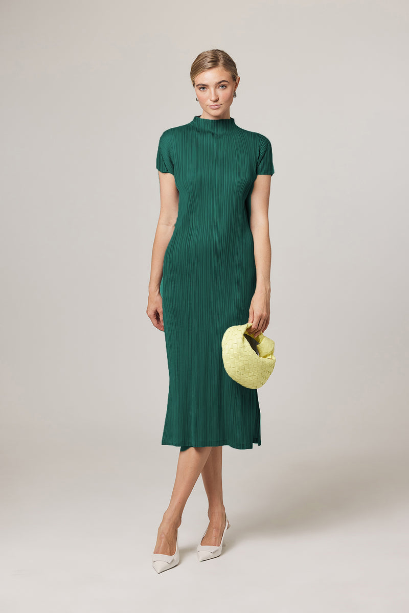 Brittny Plissé Satin Mock neck H Dress