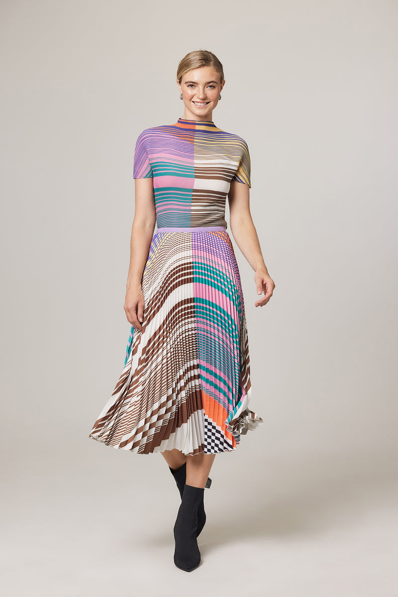 Nadia Stripe and Check Print Pleated Skirt
