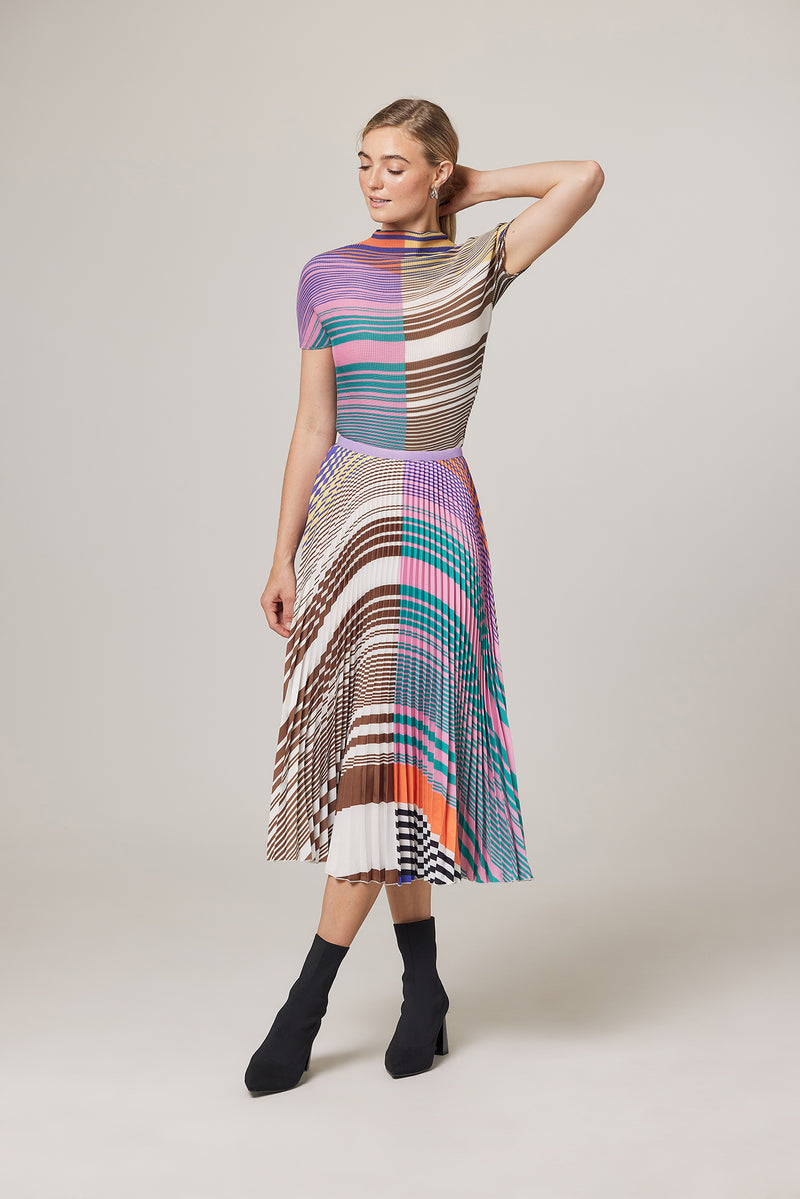 Nadia Stripe and Check Print Pleated Skirt