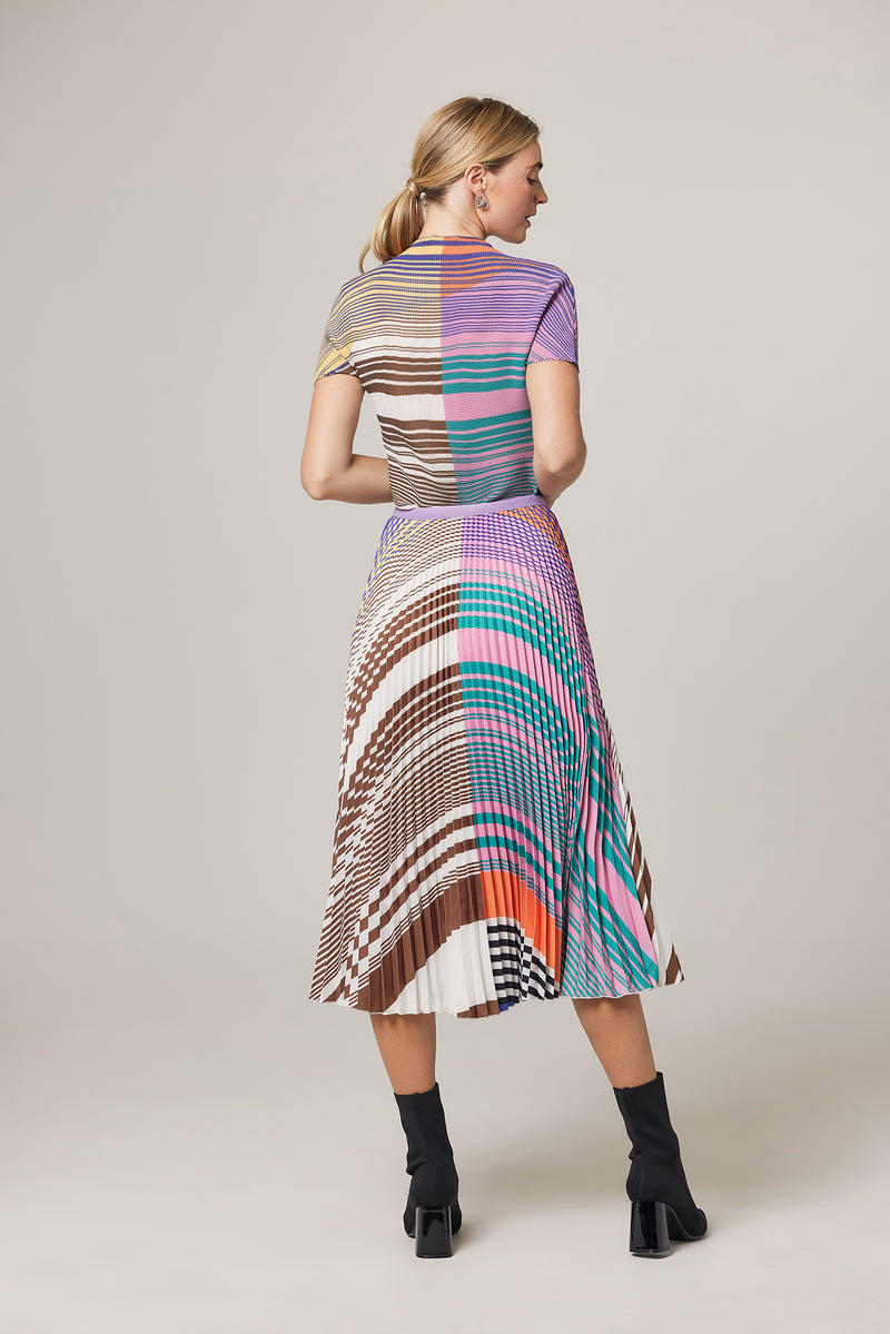 Nadia Stripe and Check Print Pleated Skirt