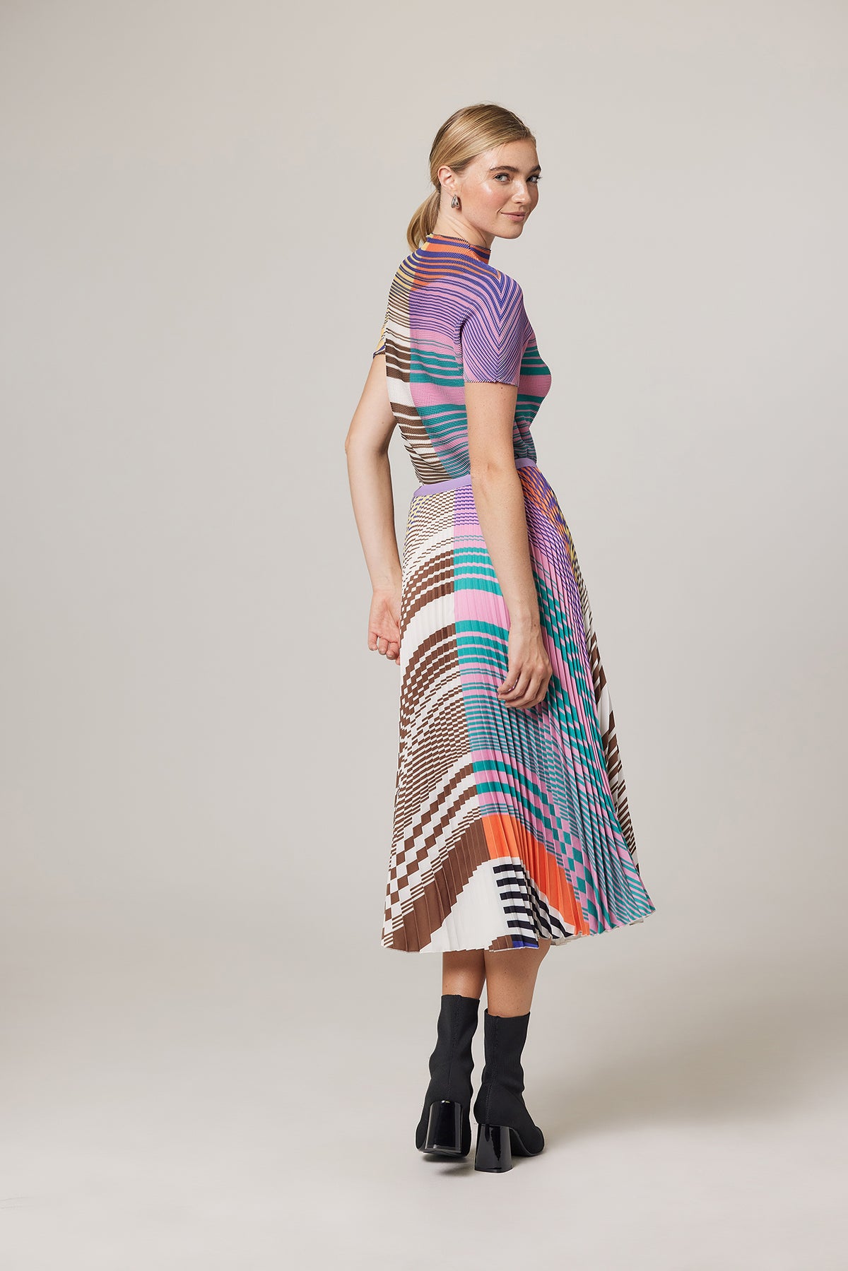 Nadia Stripe and Check Print Pleated Skirt