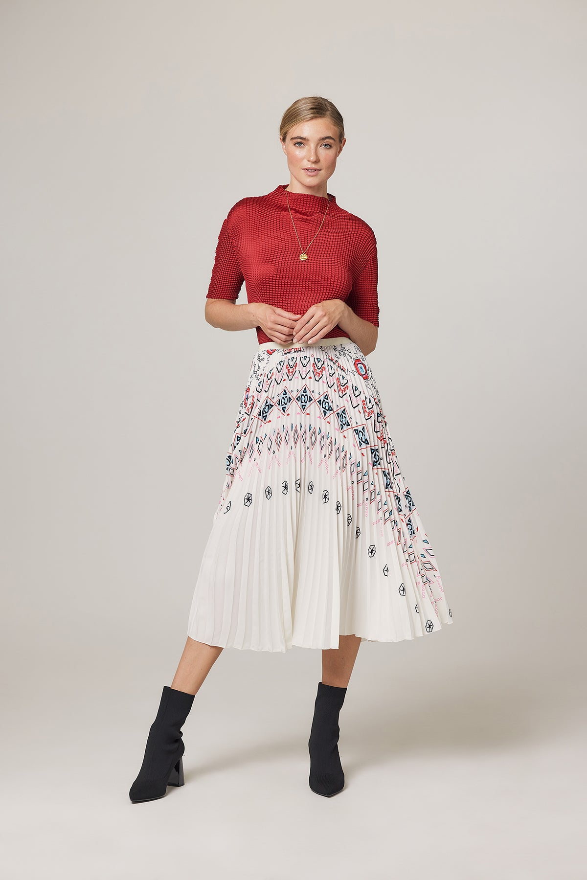 Noelle Fair-Isle Print Pleated Skirt