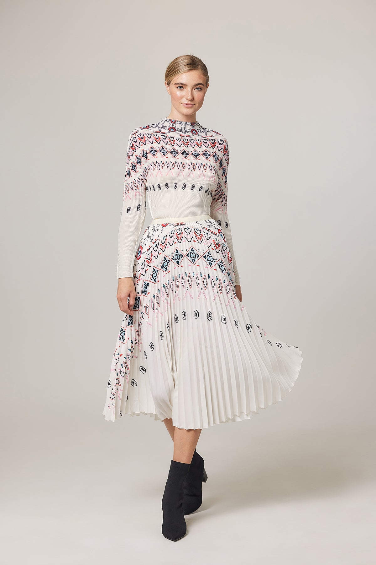 Noelle Fair-Isle Print Pleated Skirt