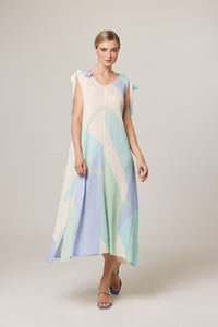 Claire Plissé Satin Ribbon Color-block Dress