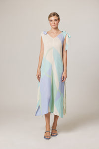 Claire Plissé Satin Ribbon Color-block Dress