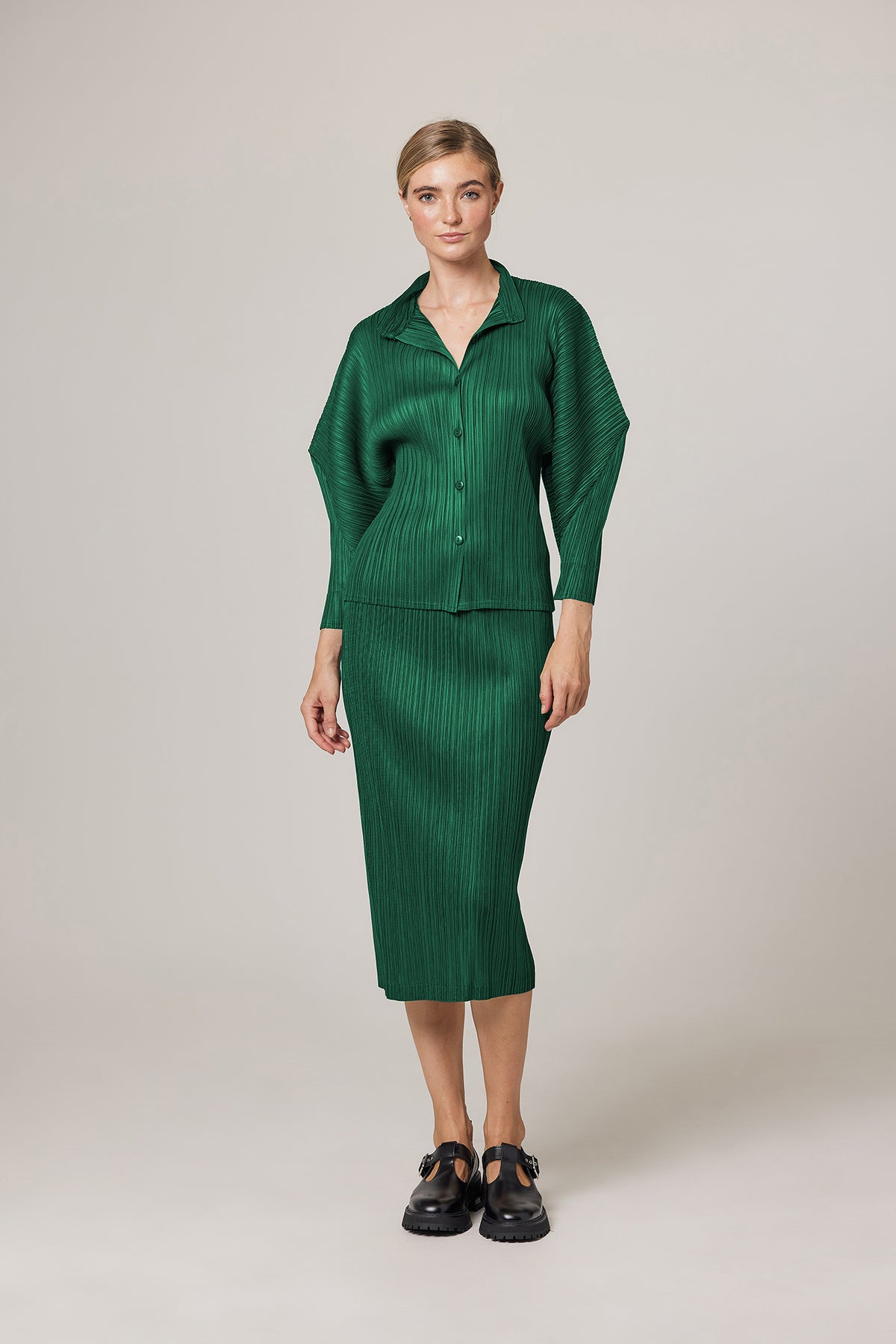 Larissa Back Slit Plissé Satin Skirt