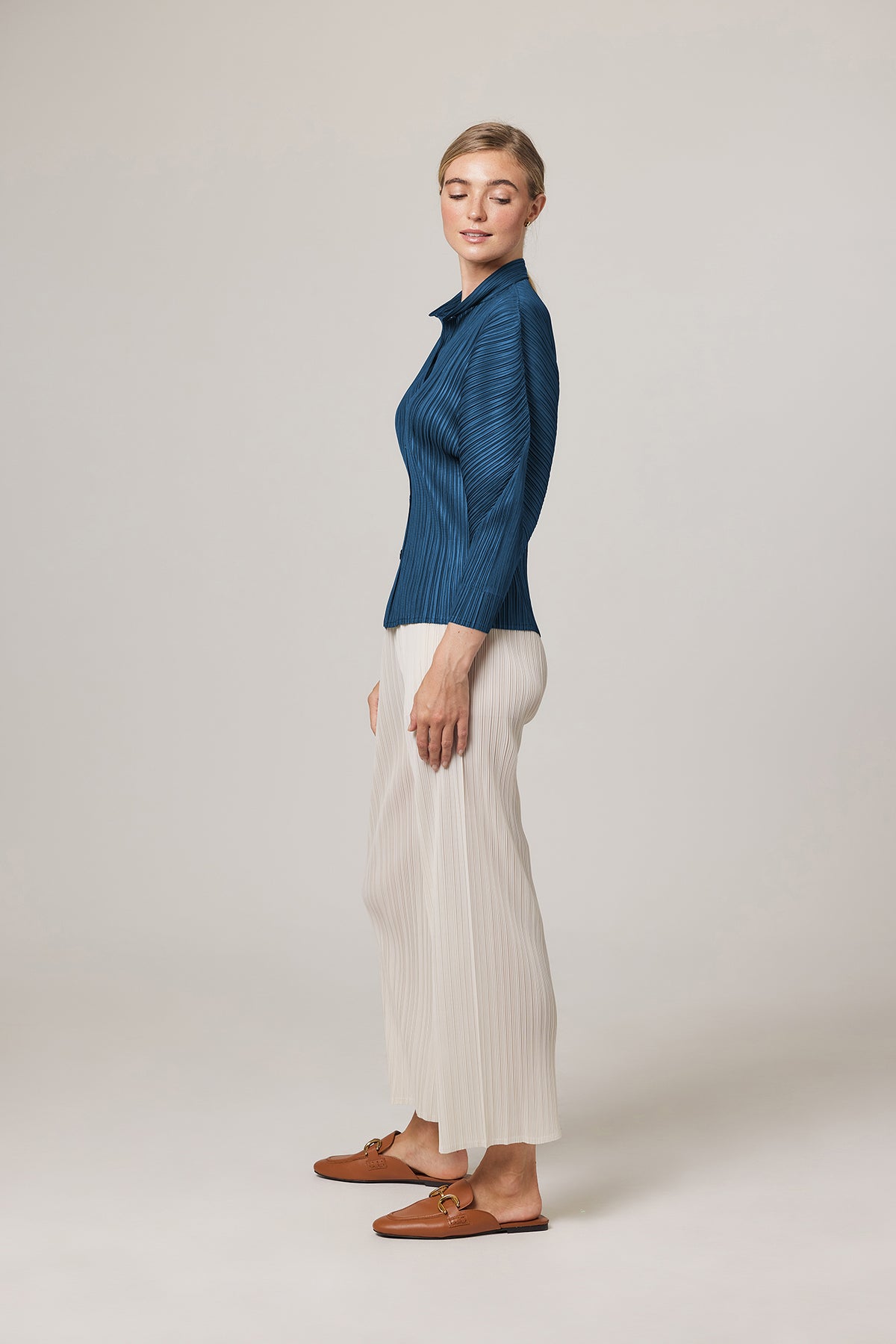 Grace Curve Sleeves Plissé Satin Blouse