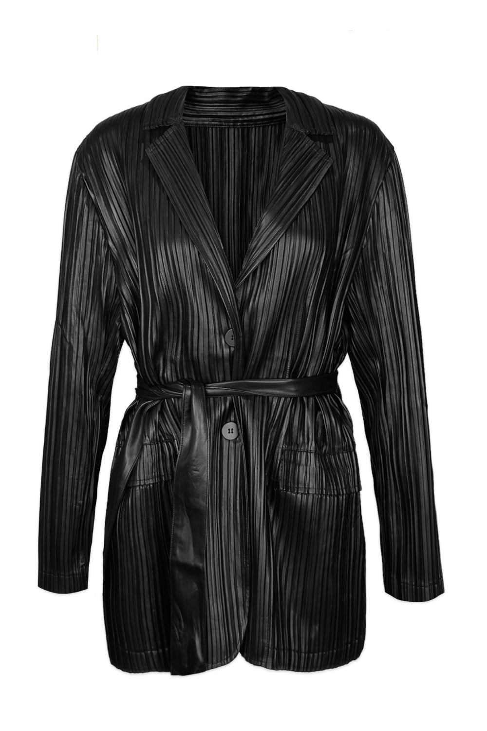 Kylie Vegan Leather Plissé Belted Blazer Jacket