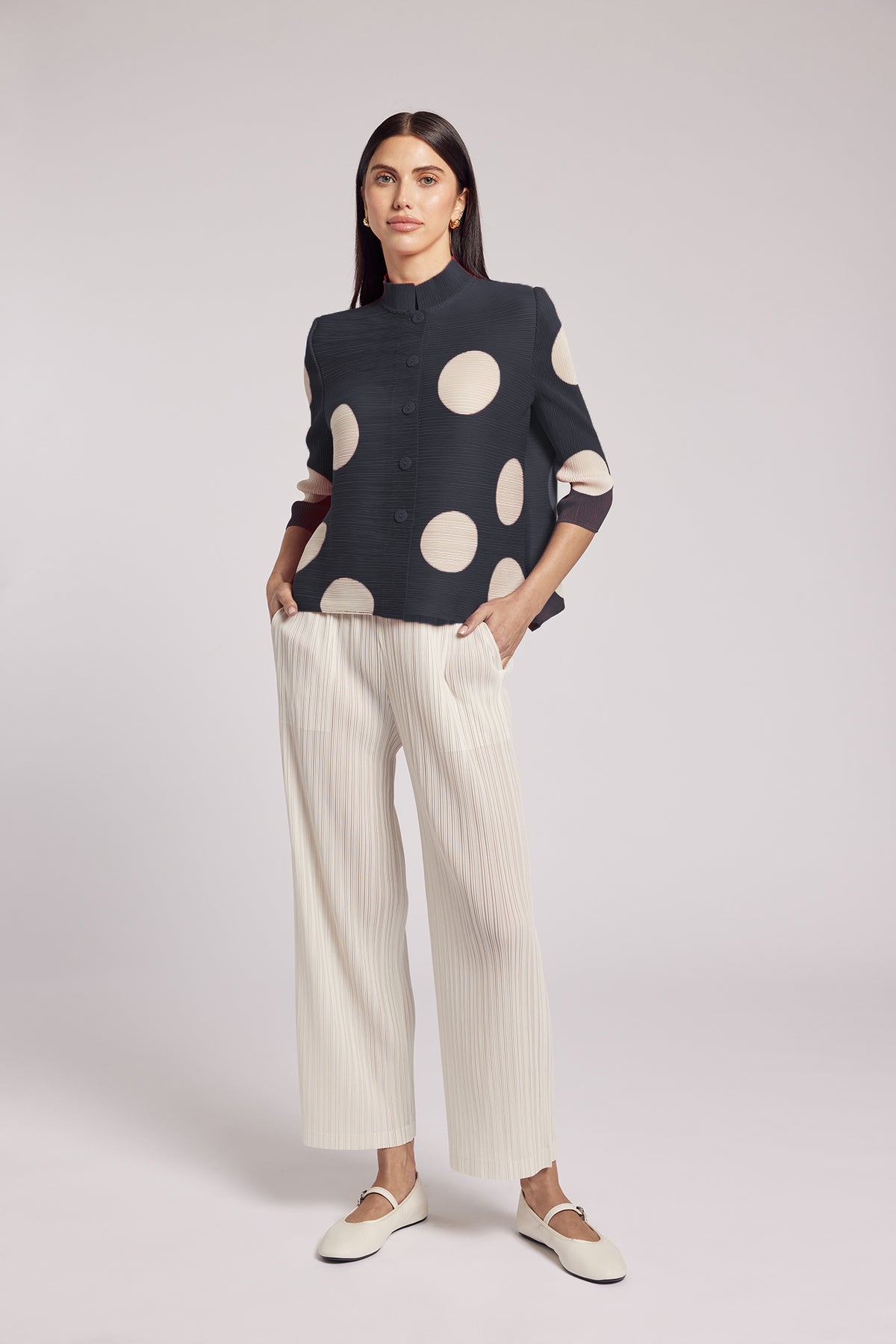 Mari Dot Print Mandarin Collar Crystal Pleats Shirt - Black