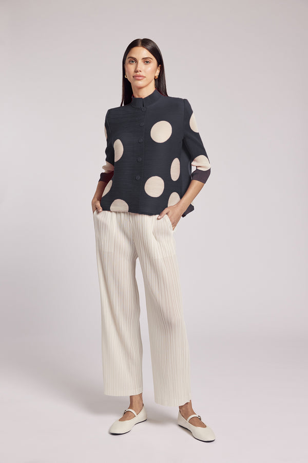 Mari Dot Print Mandarin Collar Crystal Pleats Shirt - Black