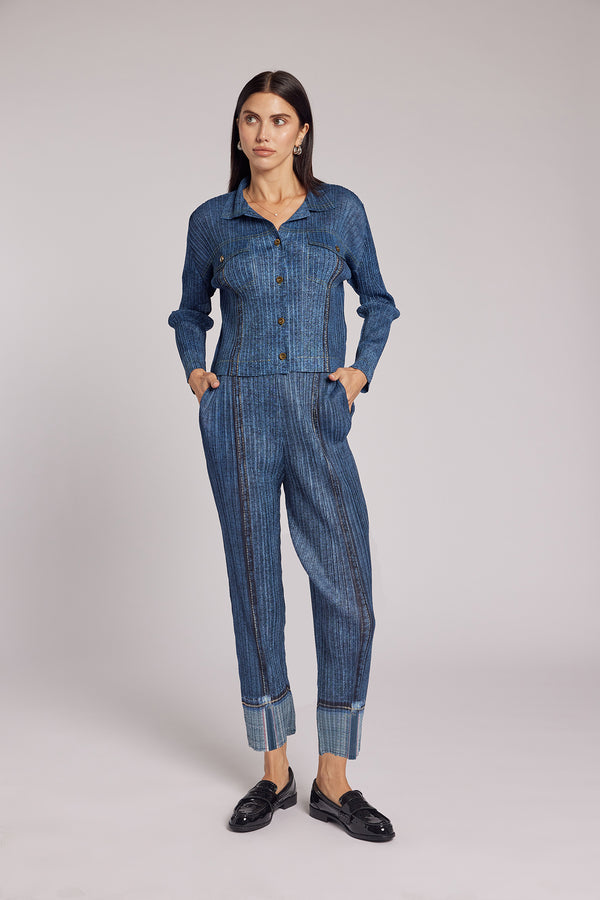 Martha Denim Print Plissé Satin Pant