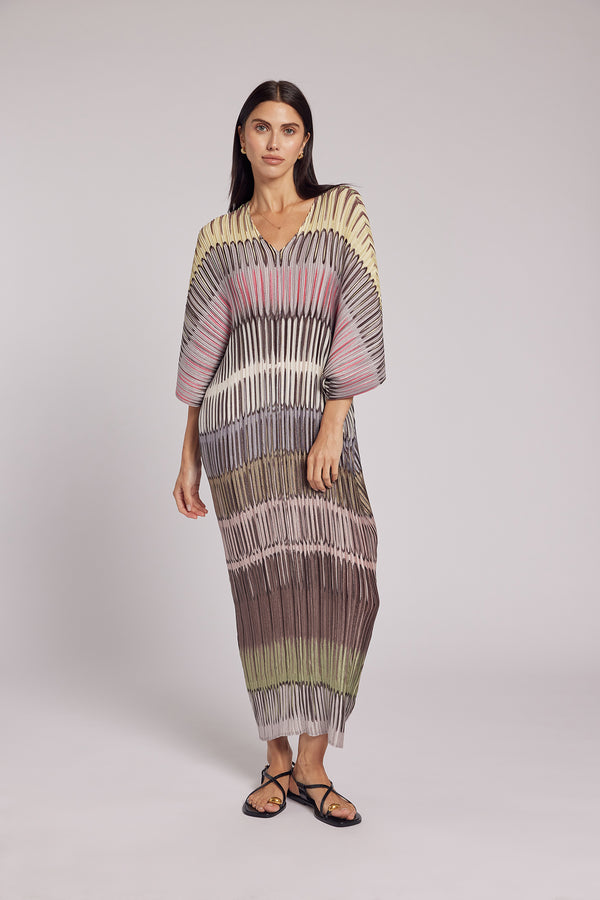 Savanna Painterly Stripes Plissé Kaftan Dress