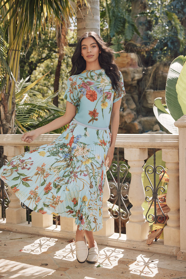 Jasmine Blossom Pleated Skirt - Aqua