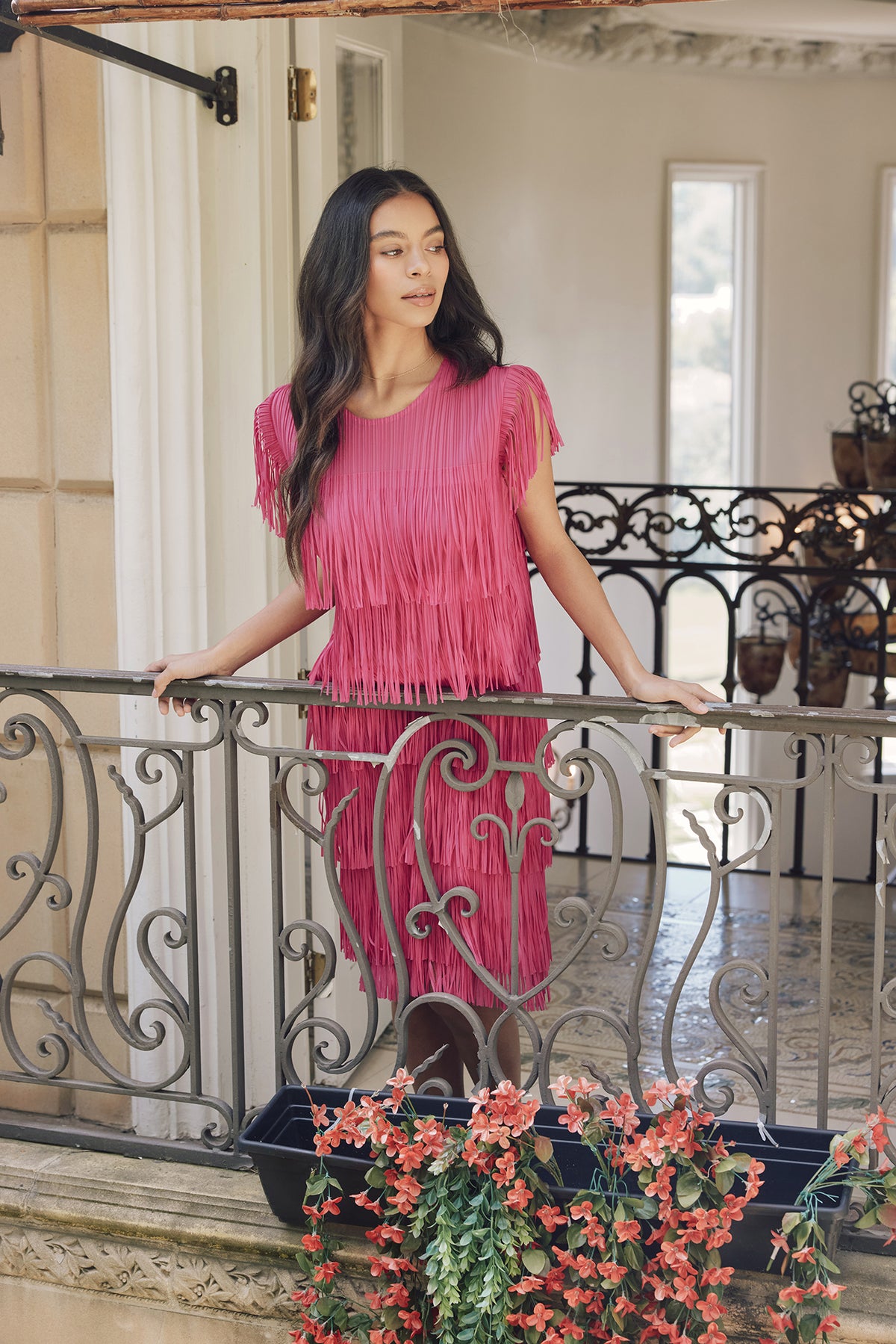 Kayla Plissé Satin Fringe Dress