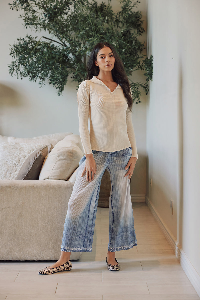 Lauren Denim Print Plissé Satin Pant