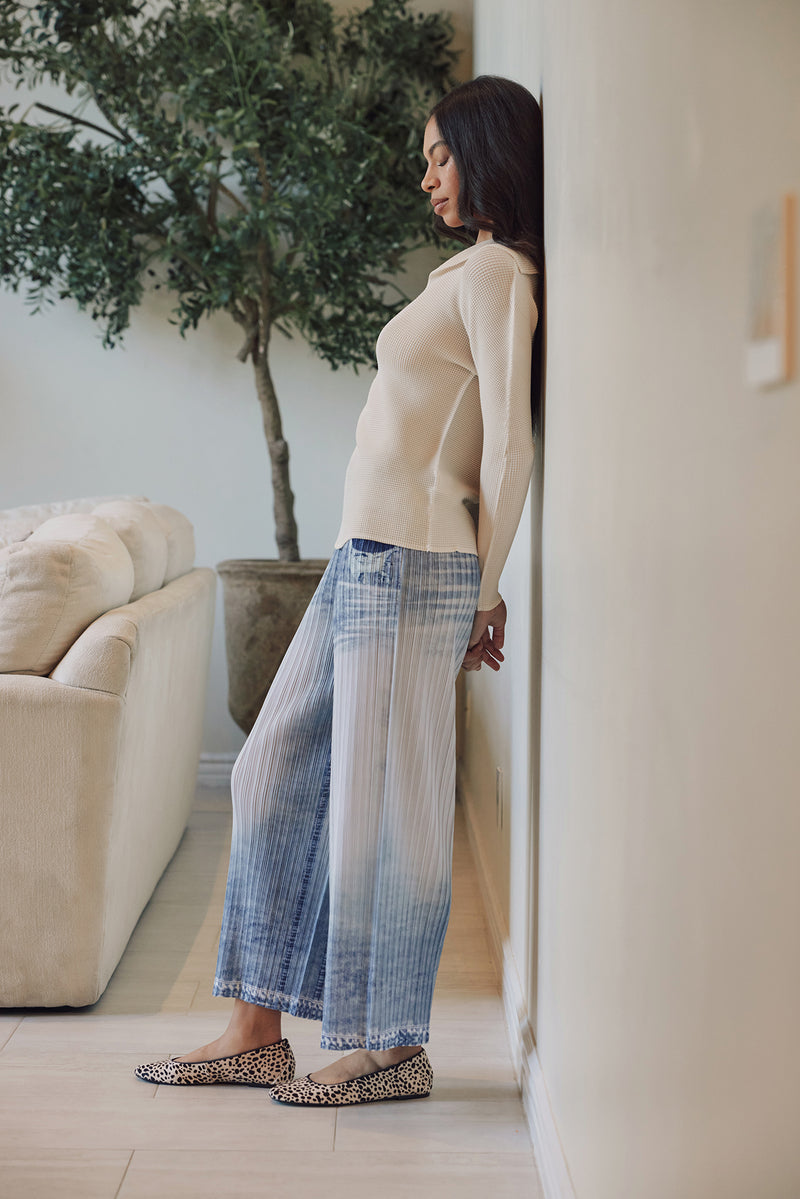 Lauren Denim Print Plissé Satin Pant