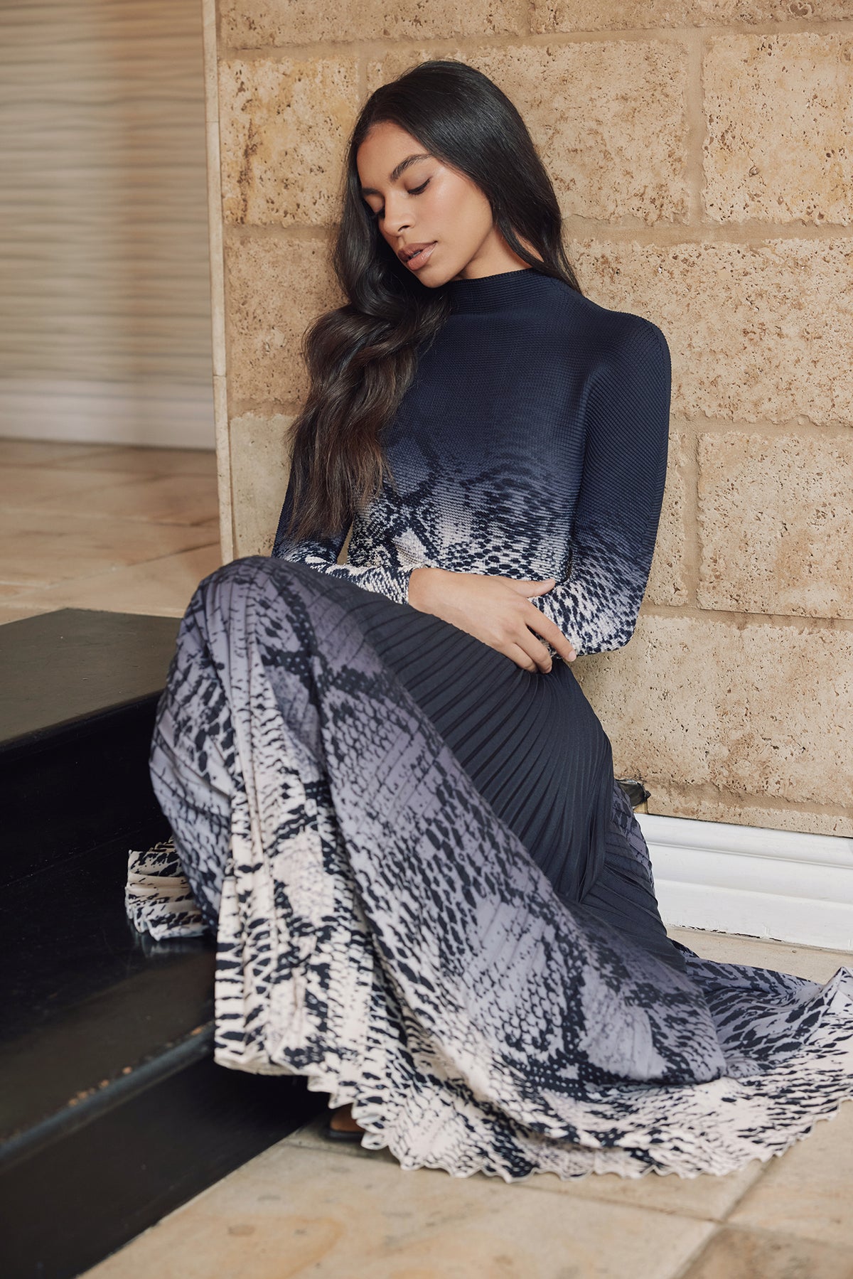 Akira Snakeskin Print Pleated Skirt