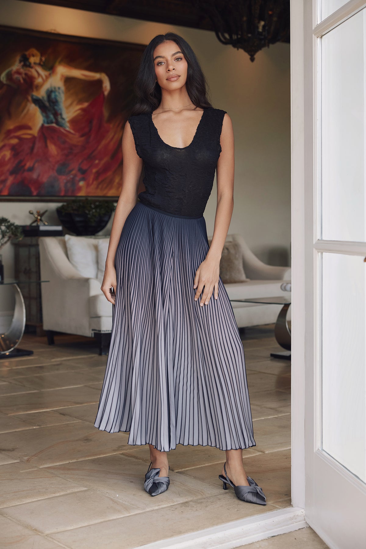 Leah Ombre Chiffon Plissé Palazzo Pant - Grey
