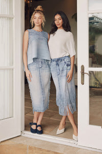Lauren Denim Look Plissé Fringe Skirt