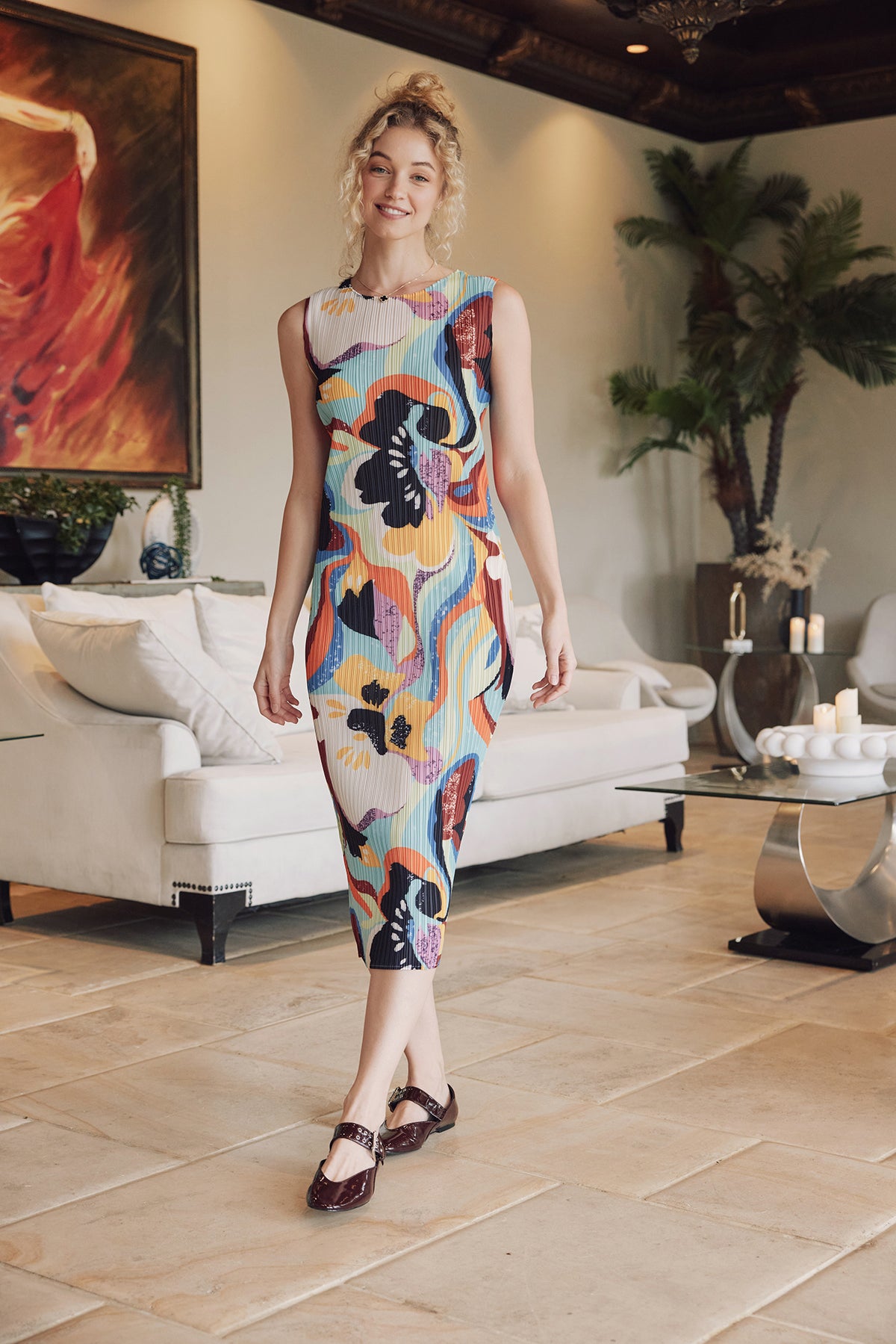 Mirage Blossom Plissé Satin Sheath Dress