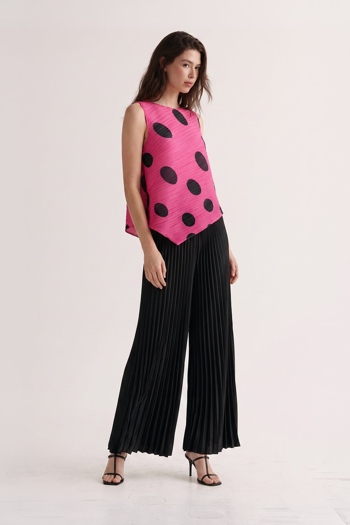 Sera Polka Dot Diagonal Plissé Tank