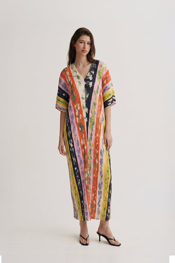 Dahlia Floral Plissé Kaftan Dress