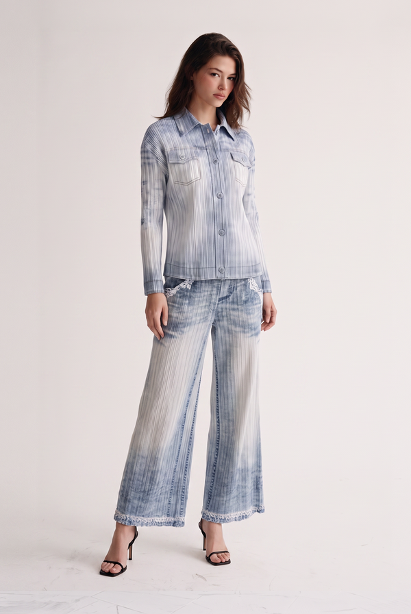 Lauren Denim Print Plissé Satin Blouse