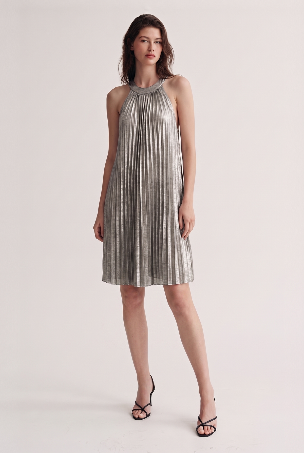 Ariella Metallic Halter Pleated Short Dress