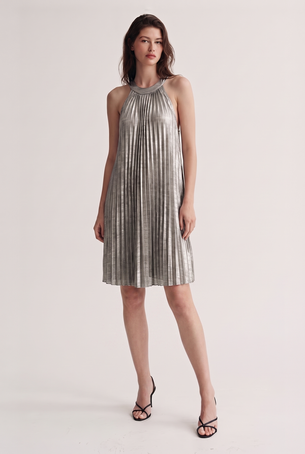 Ariella Metallic Halter Pleated Short Dress
