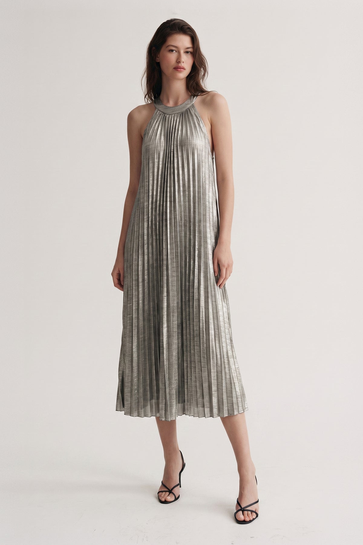 Aurora Metallic Halter Pleated Dress