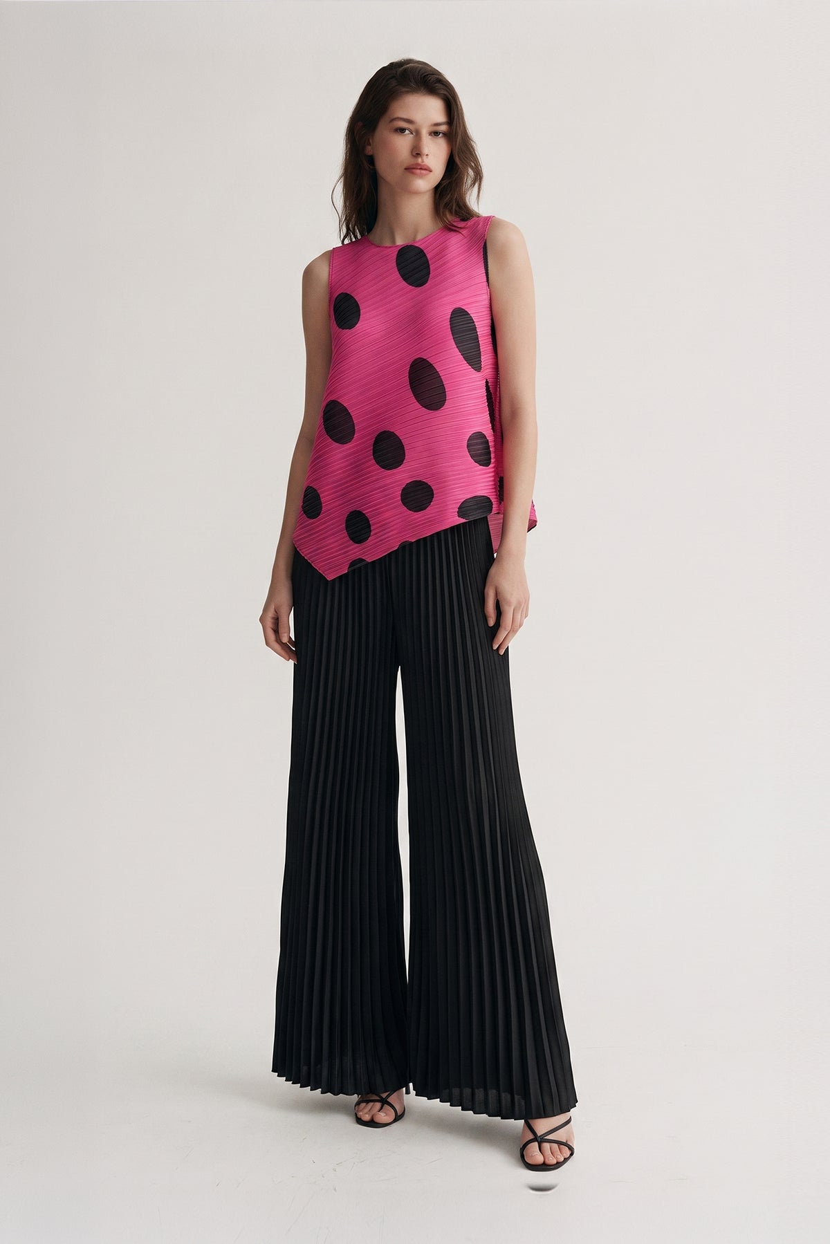 Sera Polka Dot Diagonal Plissé Tank