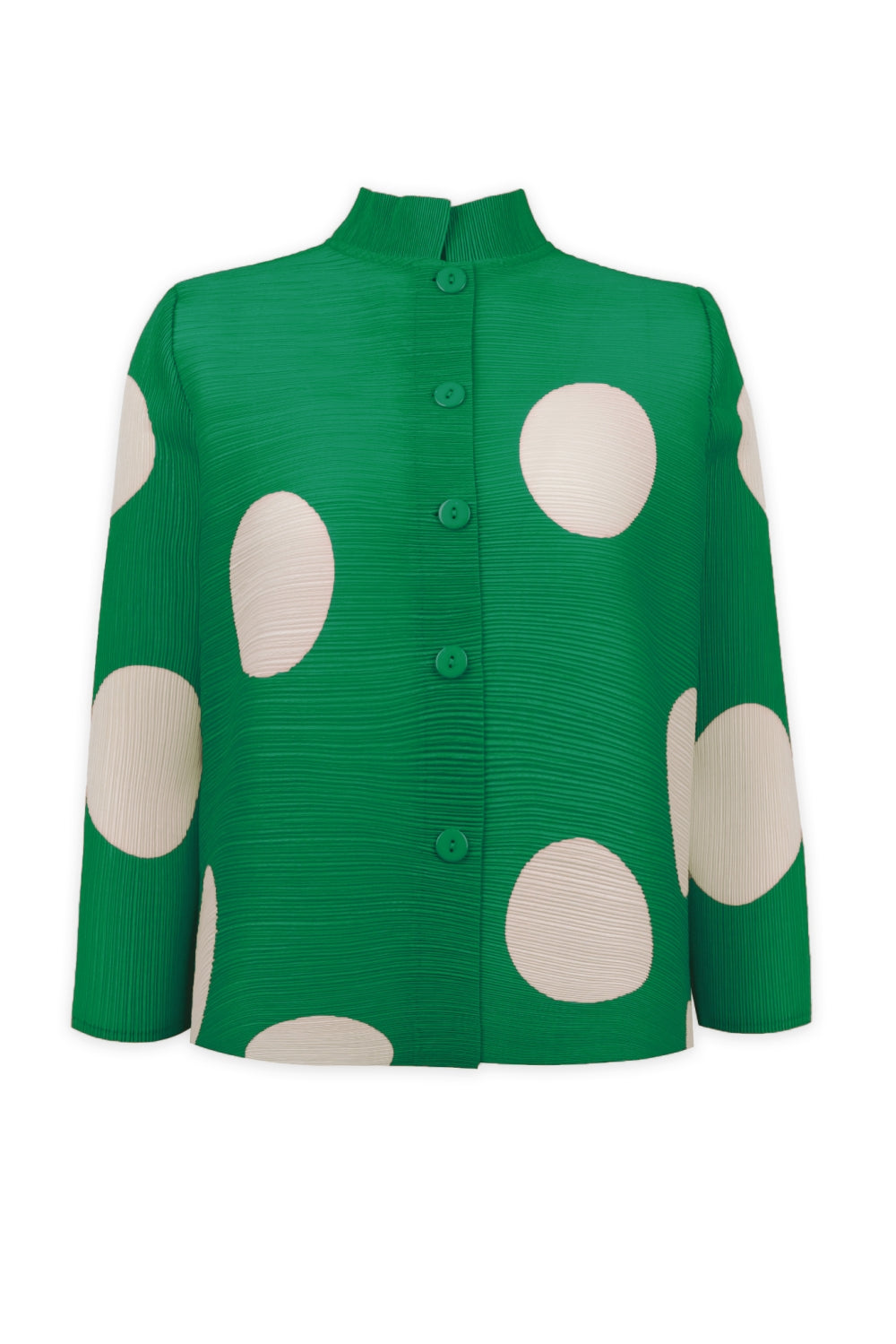 Mari Dot Print Mandarin Collar Crystal Pleats Shirt - Green