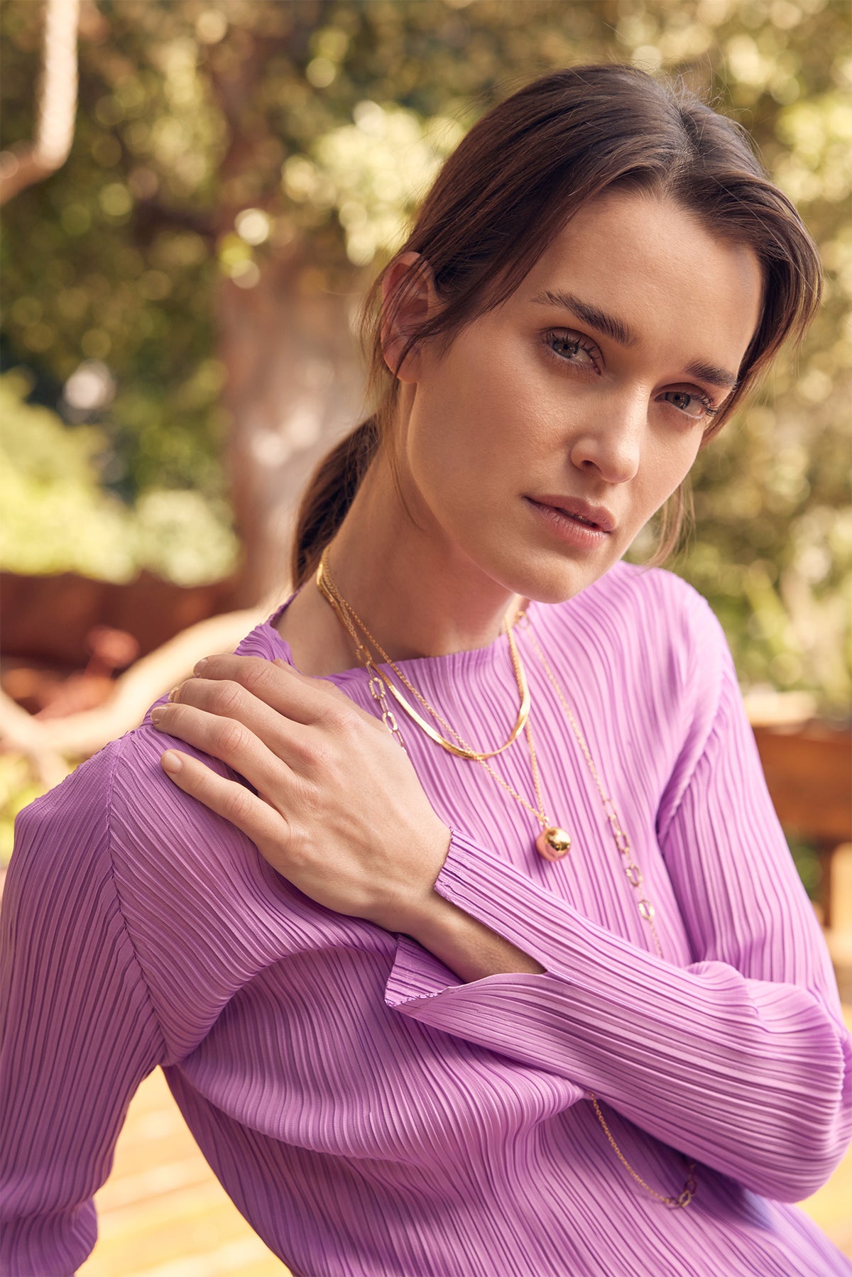 Evelyn Long Sleeve Plissé Satin Top - Purple
