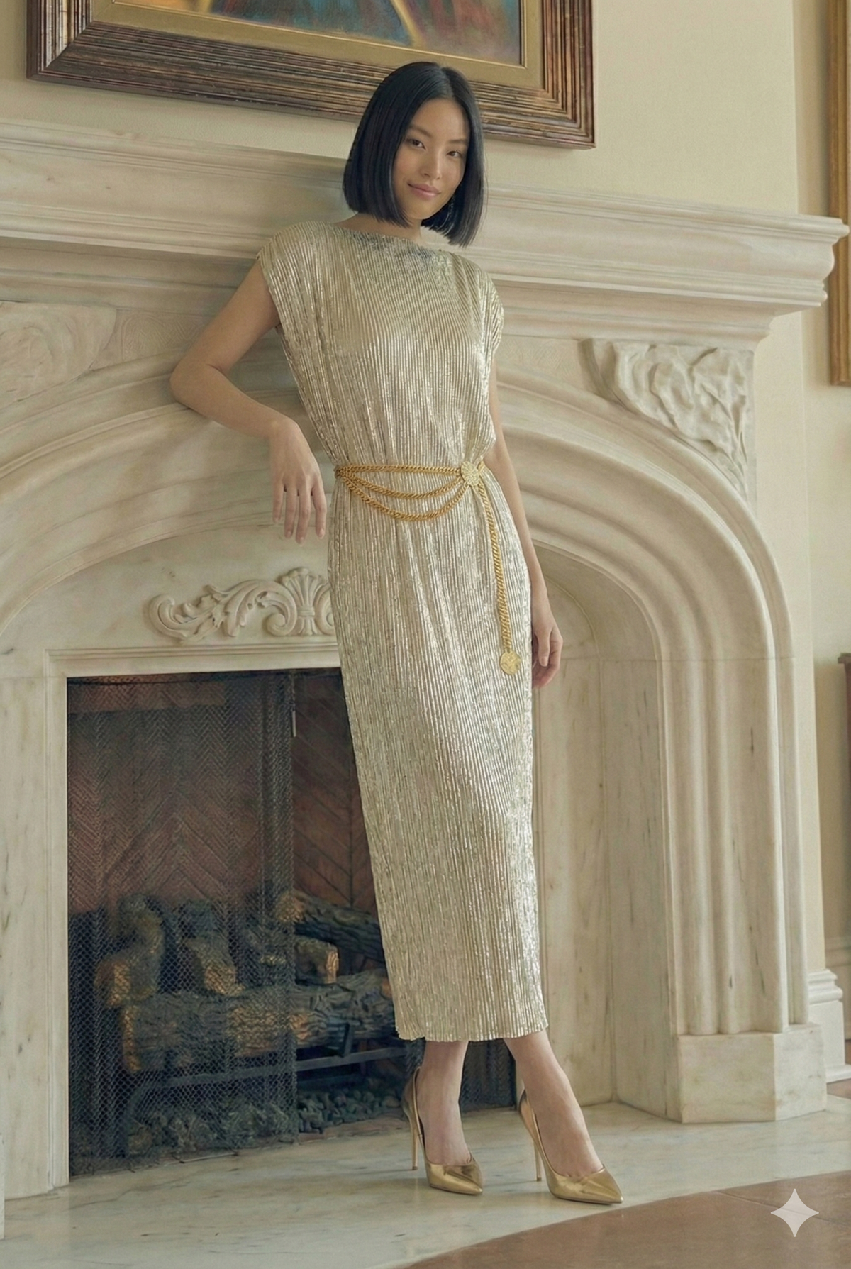 Victoria Goddess Gold Plissé Satin  Dress