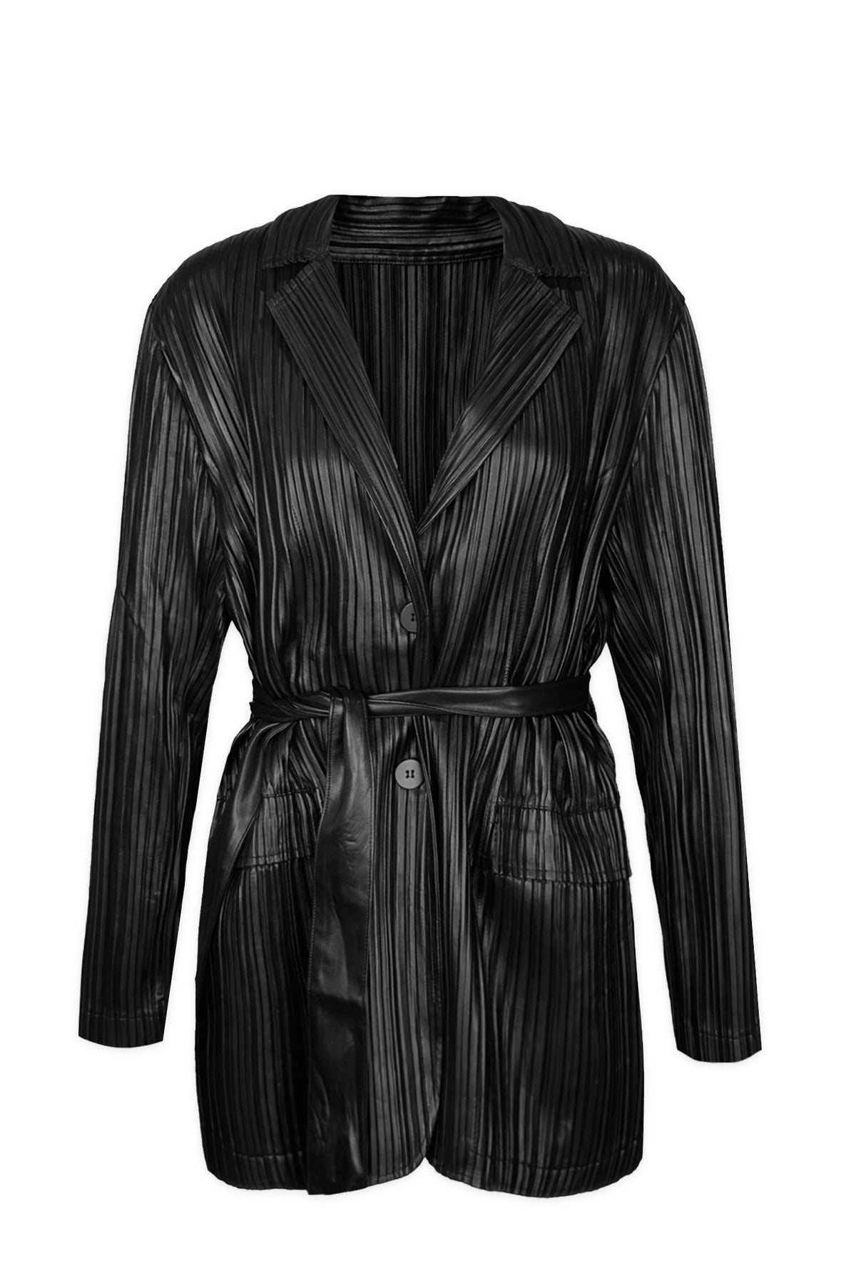 Kylie Vegan Leather Plissé Belted Blazer Jacket